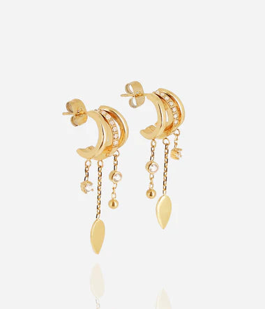 Boucles d'oreilles Isabella ZAG – Créoles pompon zircons en cascade acier doré or fin, vue face. Les Tendances de Charlotte, Saint-Quentin.