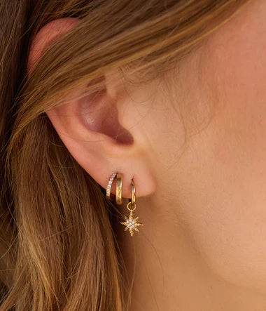 Boucles d'oreilles Vanya ZAG – Vue porté à l'oreille, créoles dorées texturées bijou tendance hypoallergénique. Livraison offerte dès 69€.