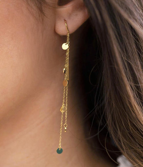 Détail boucles d'oreilles Confettis ZAG, pampilles dorées scintillantes