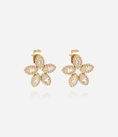 Boucles d'oreilles Demo Zag fleur acier doré composée de petits ovales en zirconiums au lobe.