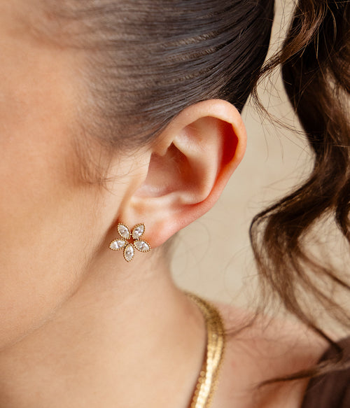 Détail boucles d'oreilles Demo ZAG, motif floral doré