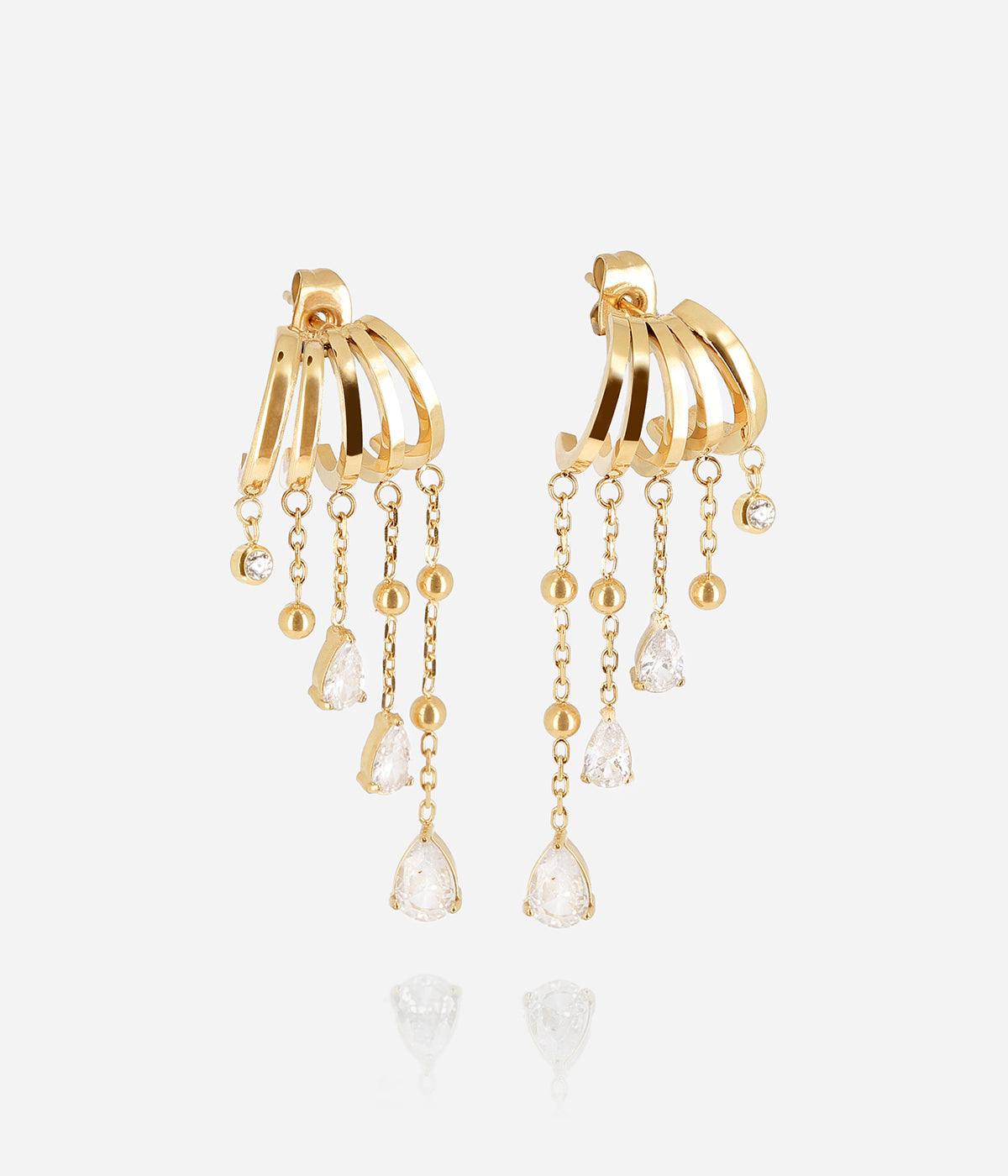 Boucles d'oreilles Maria Zag, multi-créoles dorées à cinq anneaux et cascade de zirconiums