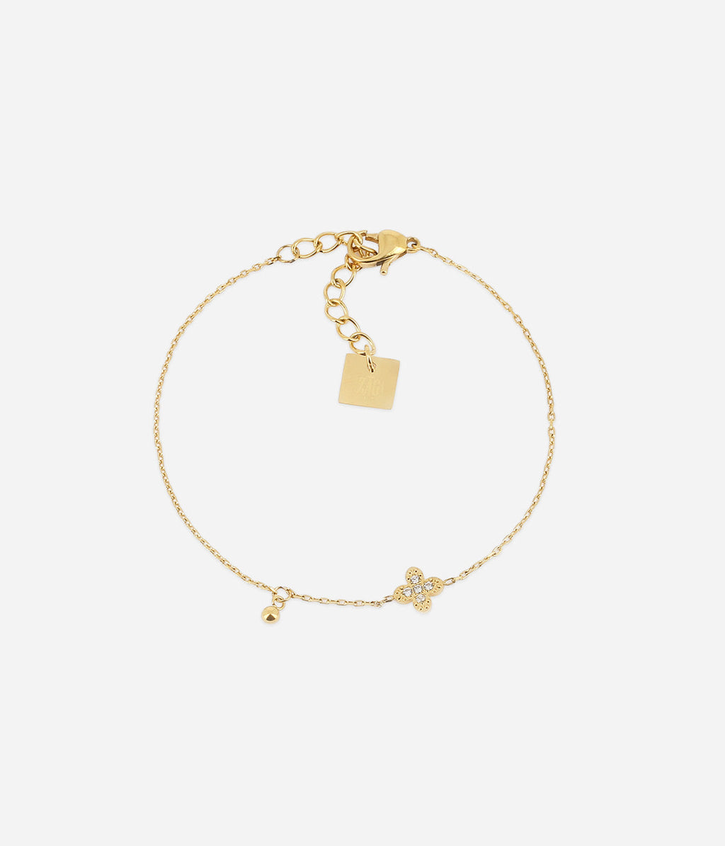Bracelet Amaé Zag en acier doré à l'or fin, pendentif trèfle serti de petits zirconiums