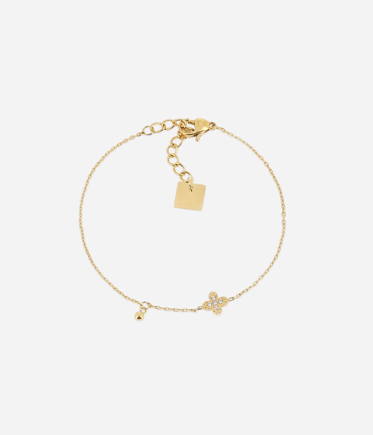 Bracelet Amaé Zag en acier doré à l'or fin, pendentif trèfle serti de petits zirconiums