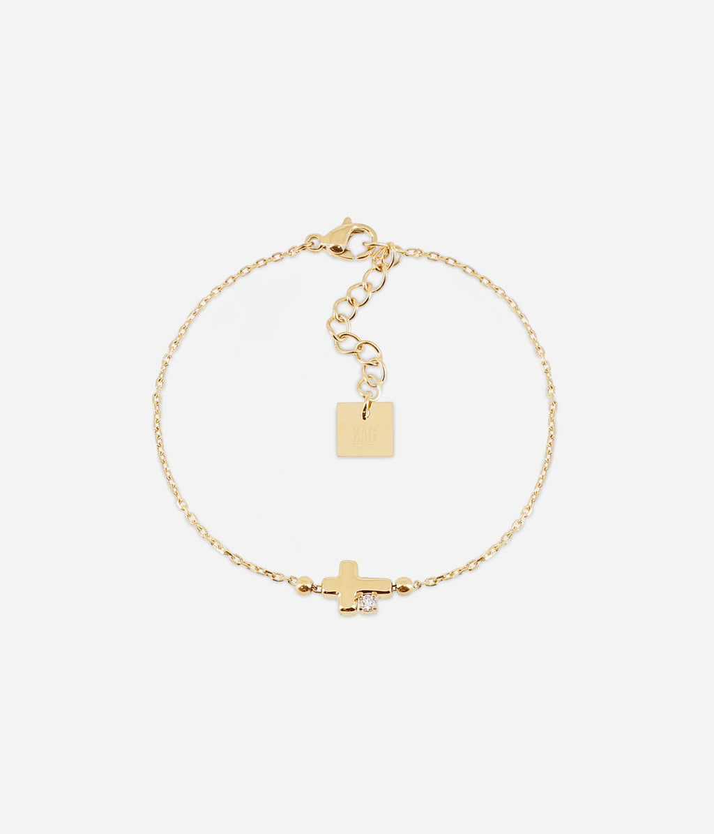 Bracelet Asmar Zag en acier doré à l'or fin, croix et zirconium suspendus