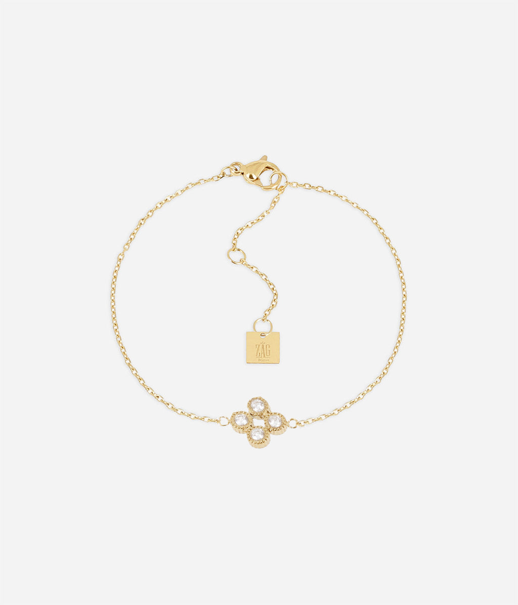 Bracelet Candela Zag, fleur de quatre zirconiums sur chaîne fine en acier doré