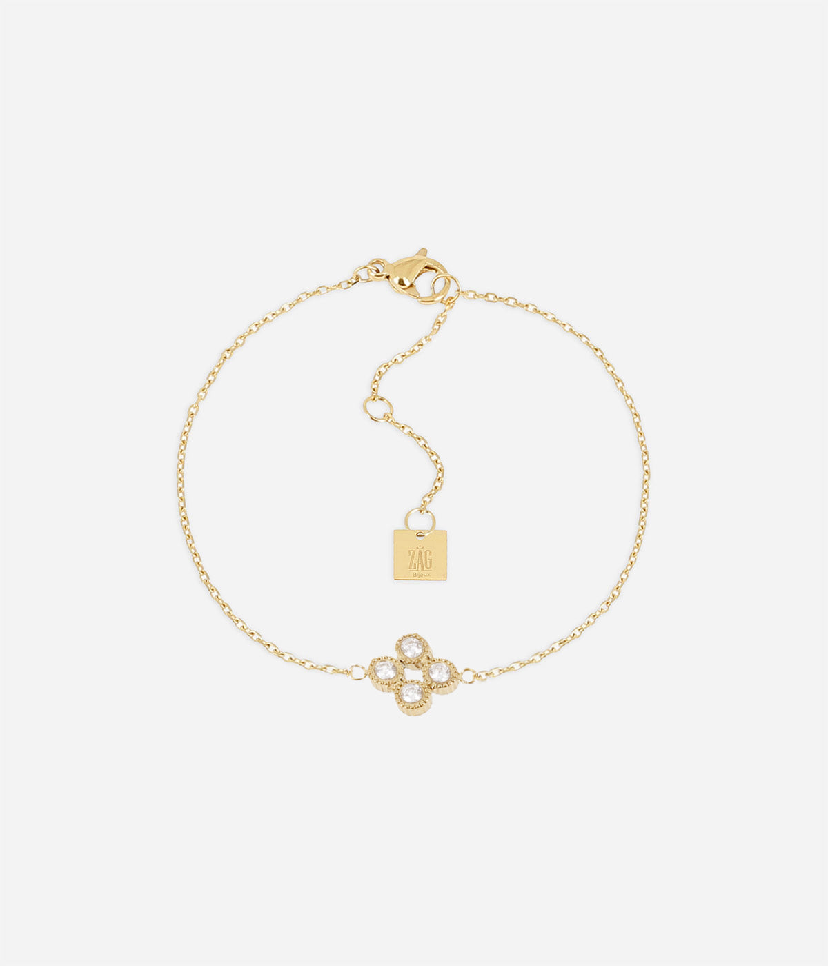 Bracelet Candela Zag, fleur de quatre zirconiums sur chaîne fine en acier doré