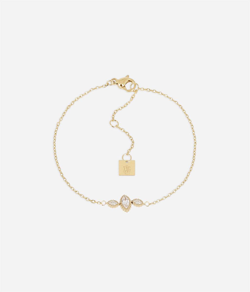 Bracelet Cervaro Zag en acier doré à l'or fin, trois ovales de zirconiums