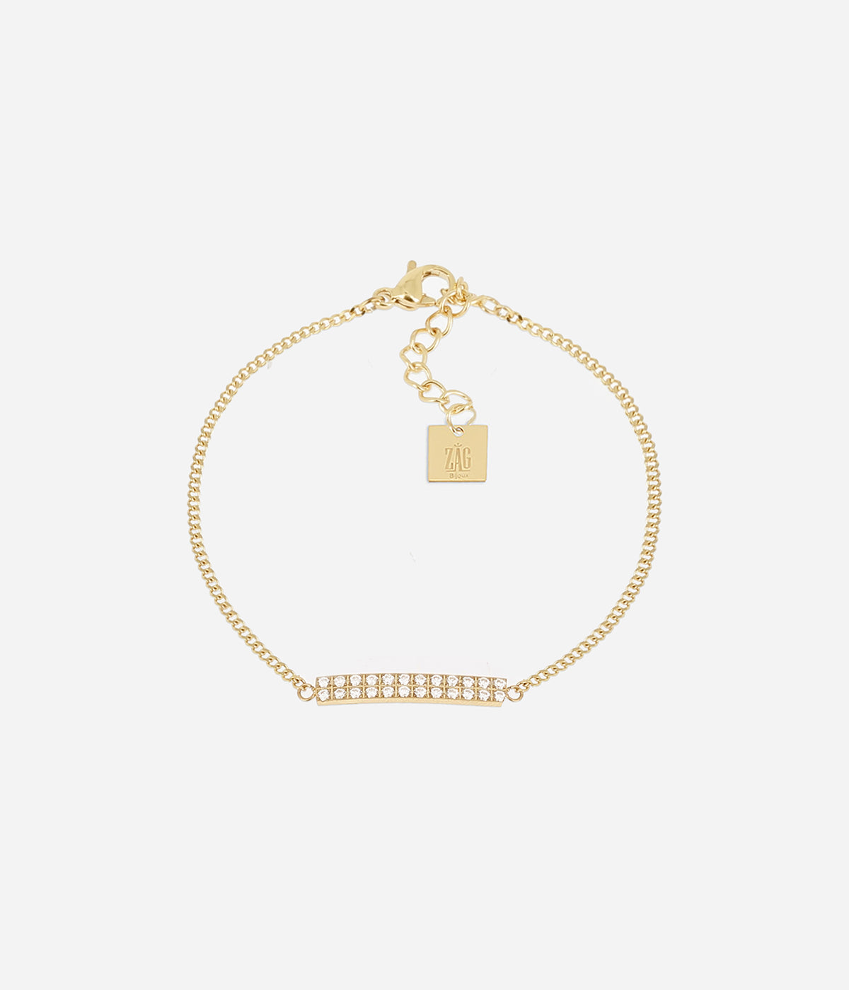 Bracelet Cinzia Zag en acier doré à l'or fin, rectangle serti de zirconiums