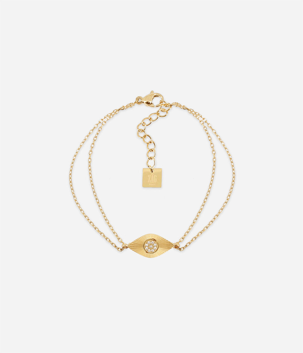 Bracelet Erone Zag en acier doré à l'or fin, pendentif œil serti d'un zirconium rond