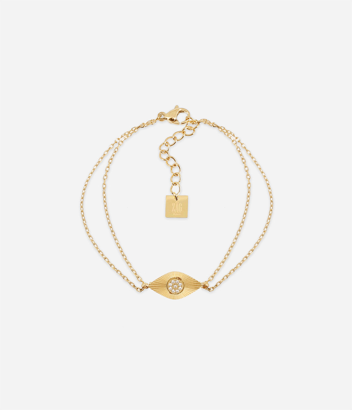 Bracelet Erone Zag en acier doré à l'or fin, pendentif œil serti d'un zirconium rond