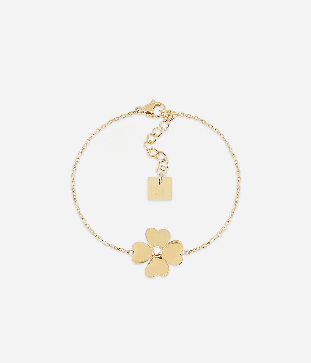 Bracelet Giorgio Zag, trèfle à quatre feuilles en acier doré avec zirconium central