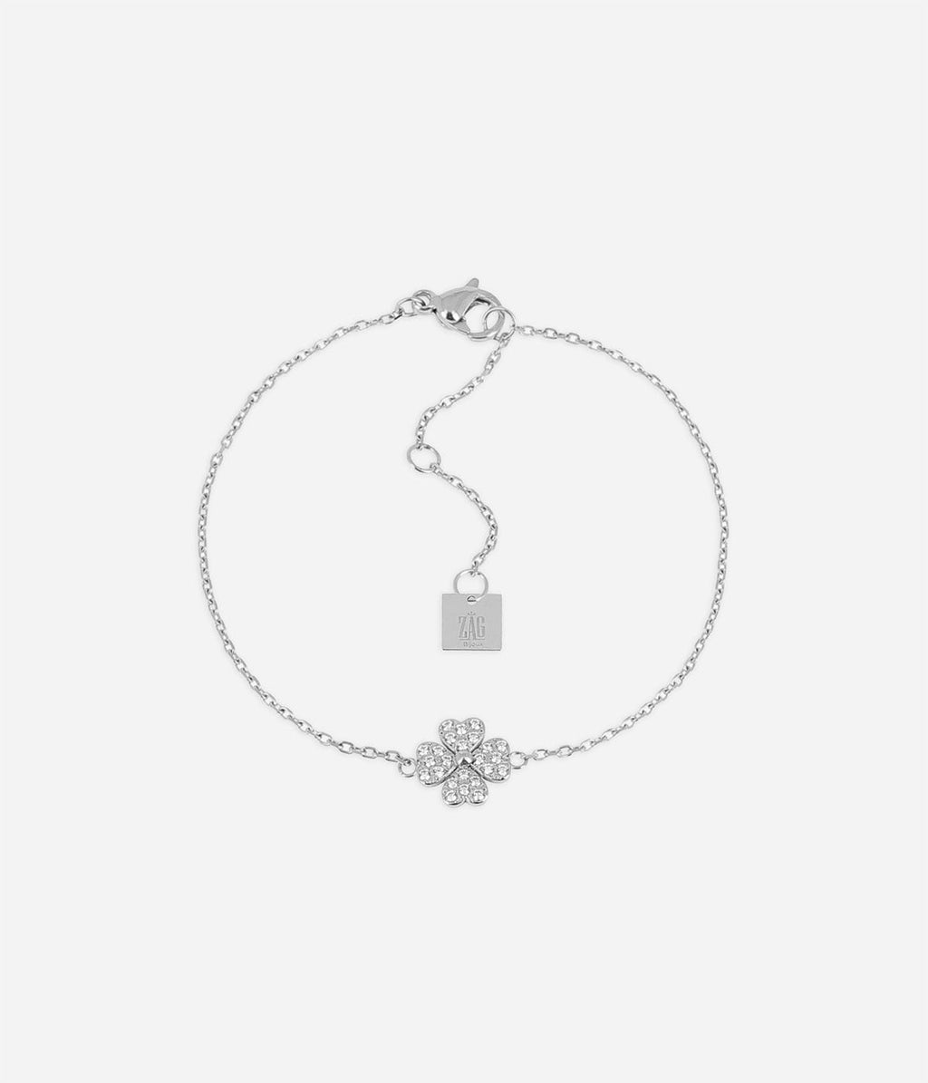 Bracelet Kikai Zag, pastille trèfle sertie de zirconiums en acier inoxydable