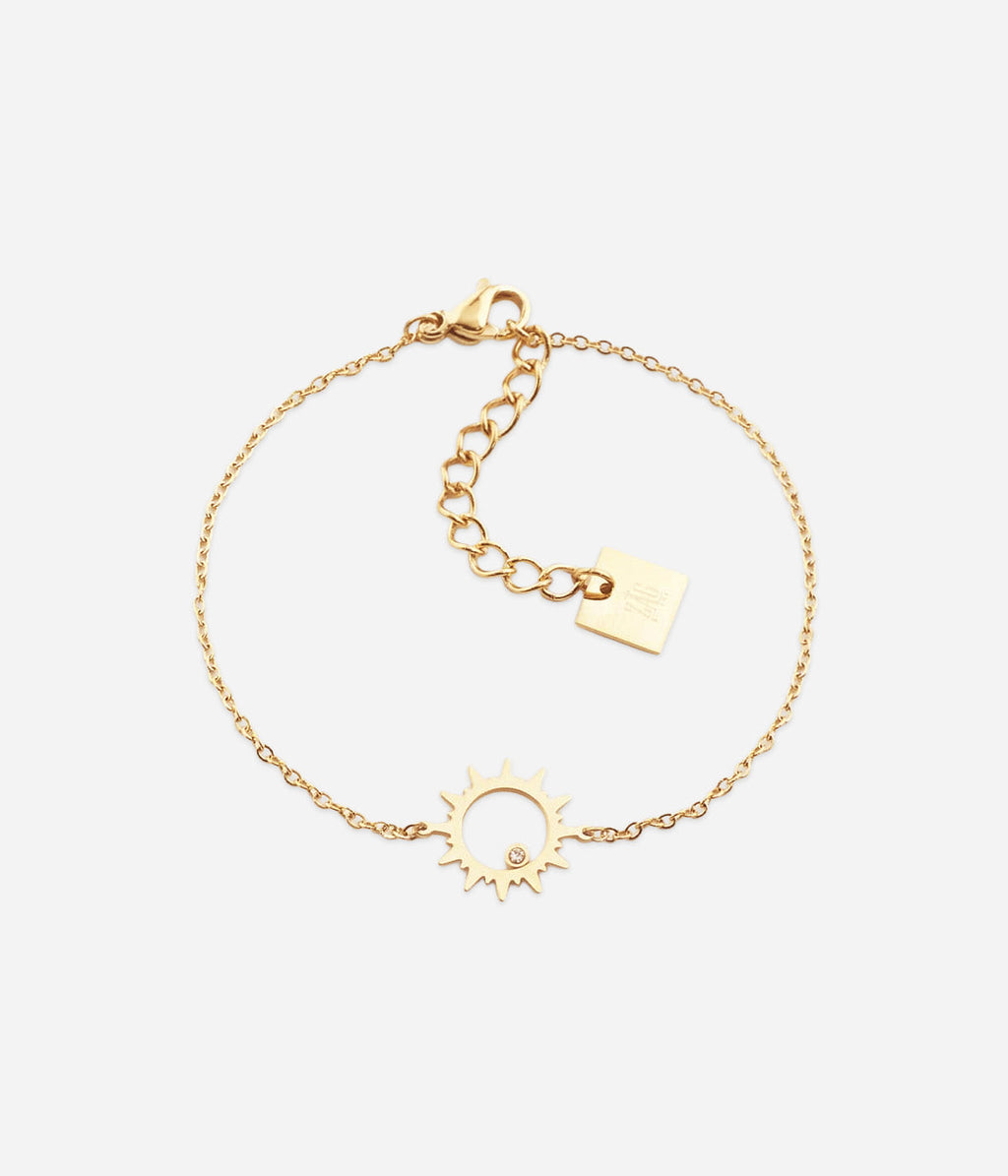 Bracelet Oursin Zag, motif cercle à picots avec zirconium central sur chaînette en acier doré