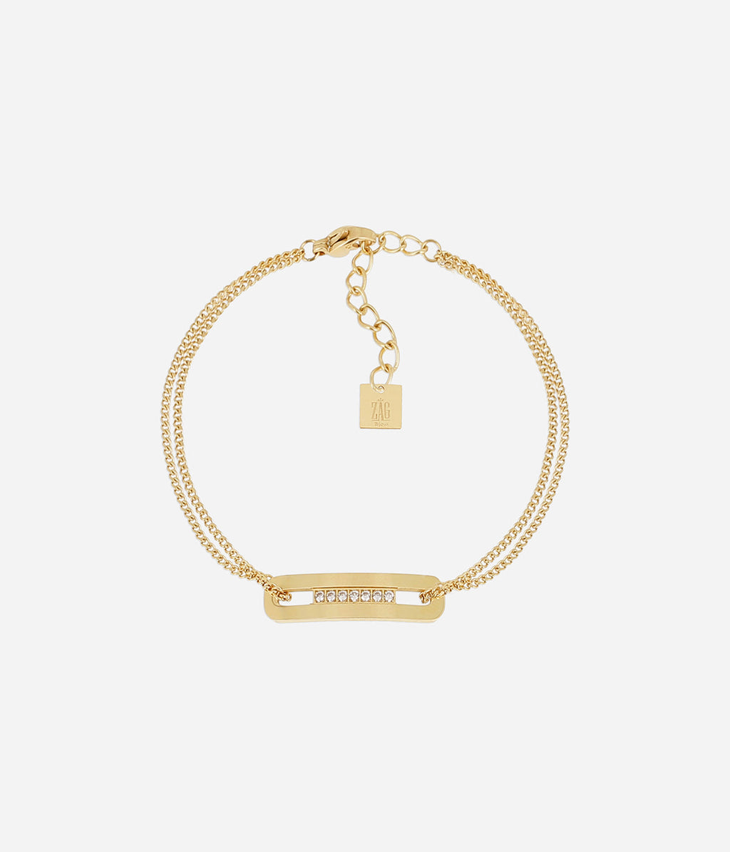 Bracelet Palmi Zag en acier doré à l'or fin, rectangle ajouré serti de zirconiums