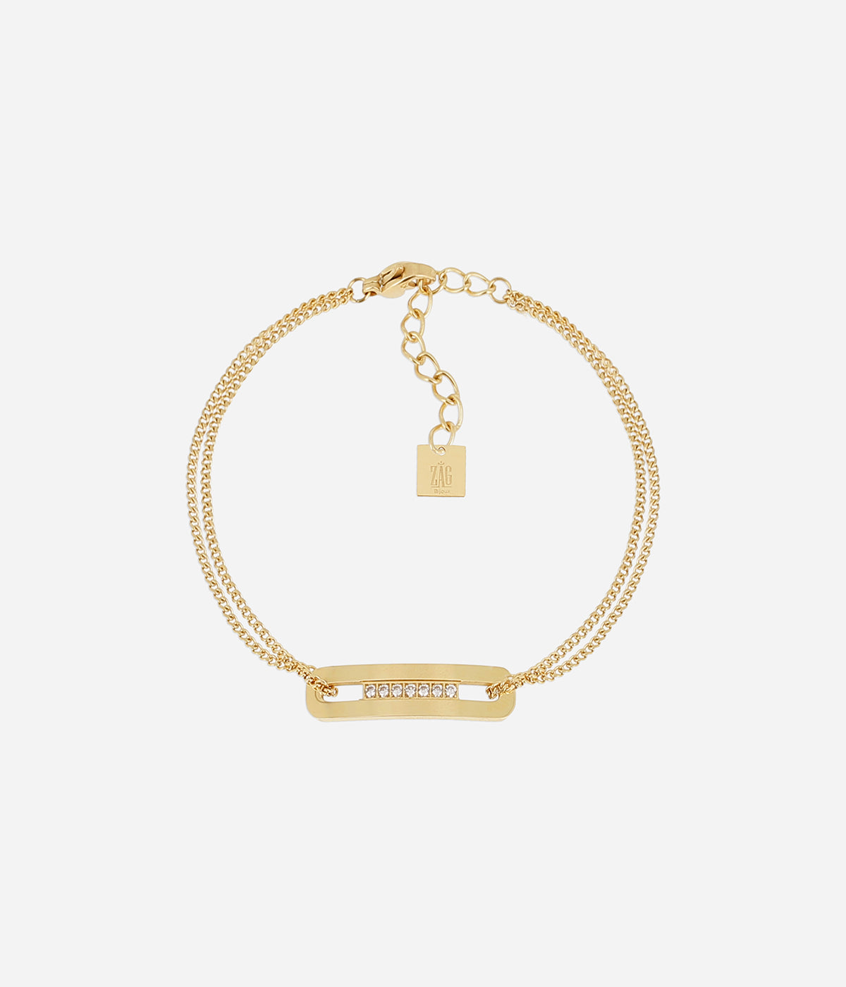 Bracelet Palmi Zag en acier doré à l'or fin, rectangle ajouré serti de zirconiums