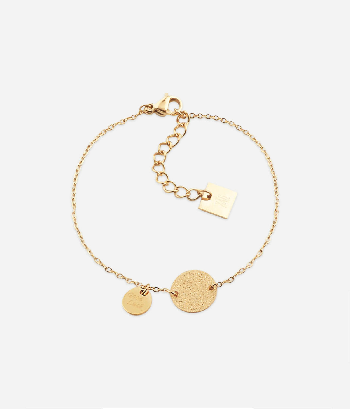 Bracelet Santa Sofia Zag, médaille gravée et pampille sur chaînette en acier doré