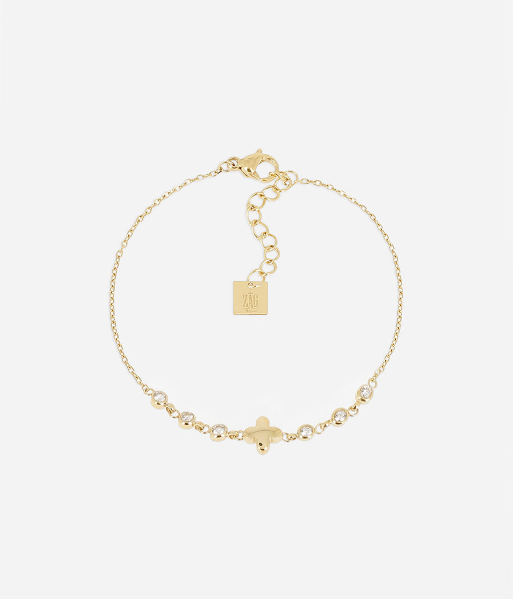 Bracelet Shanks Zag en acier doré à l'or fin, pendentif trèfle et zirconiums sertis sur la chaîne