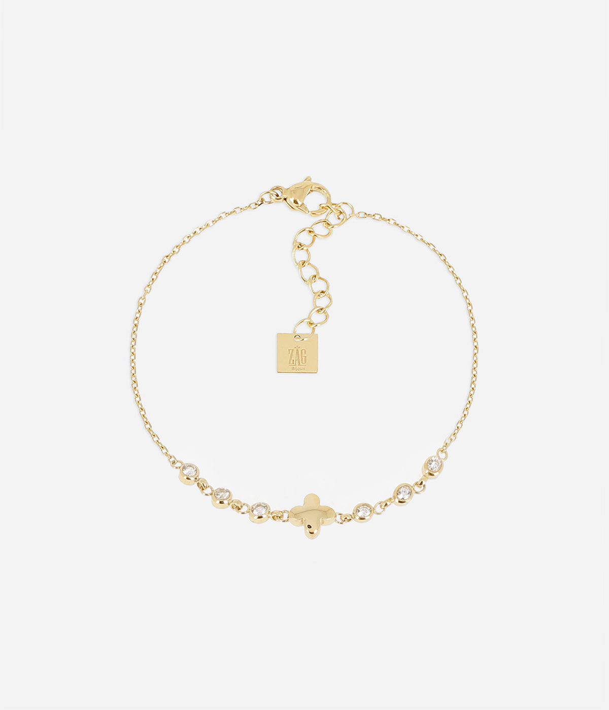Bracelet Shanks Zag en acier doré à l'or fin, pendentif trèfle et zirconiums sertis sur la chaîne